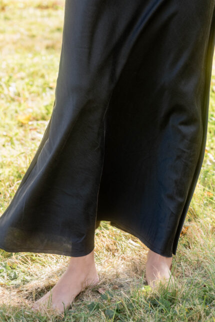 model wearing bias cut skirt long silk cotton satin