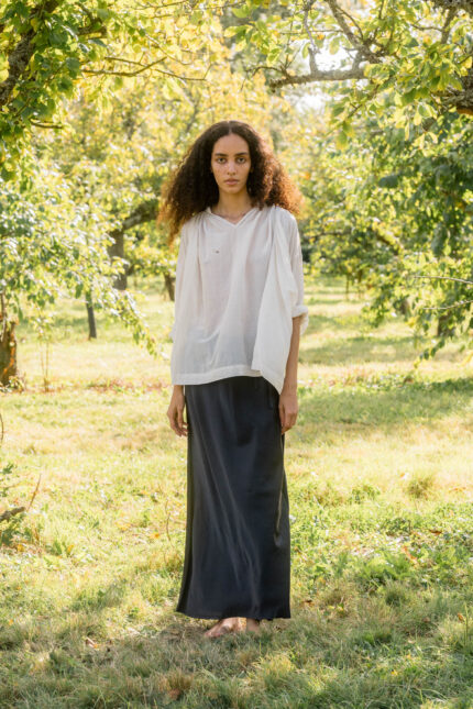 model wearing bias cut skirt long silk cotton satin