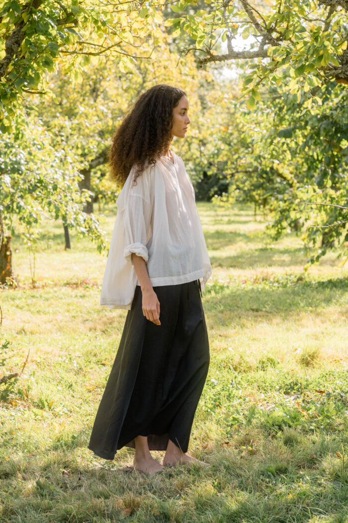 model wearing bias cut skirt long silk cotton satin
