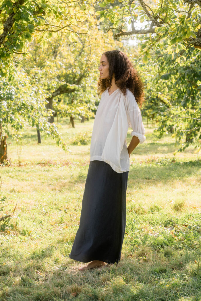 model wearing bias cut skirt long silk cotton satin