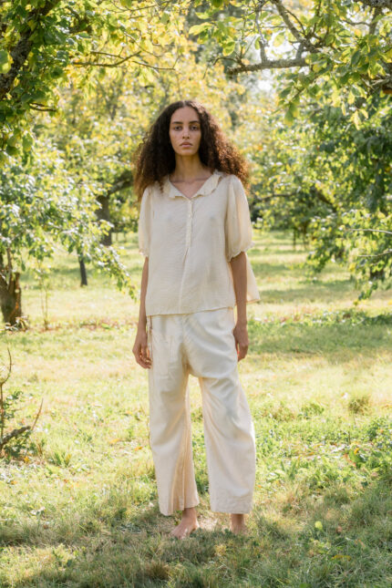 model wearing wide leg Japan pant silk cotton satin