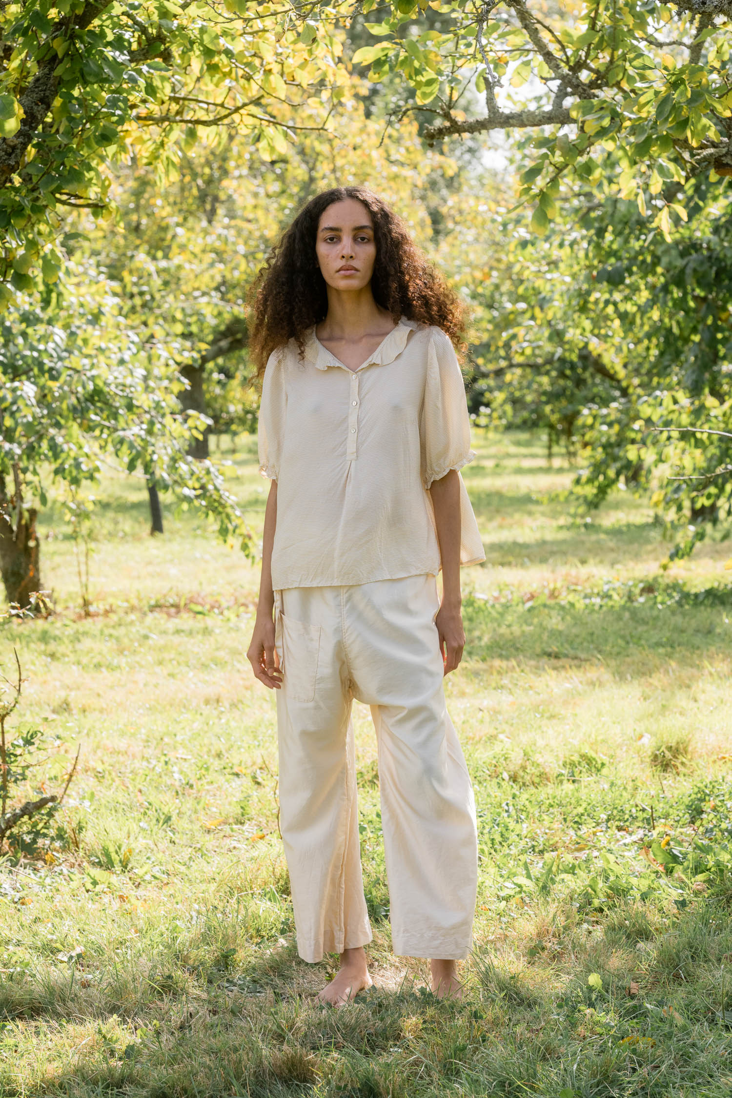 model wearing wide leg Japan pant silk cotton satin