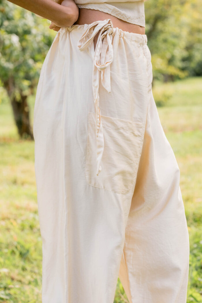 model wearing wide leg Japan pant silk cotton satin