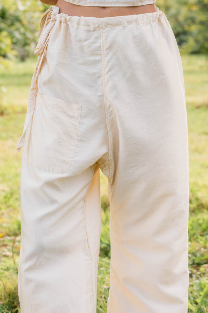 model wearing wide leg Japan pant silk cotton satin