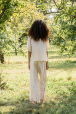 model wearing wide leg Japan pant silk cotton satin