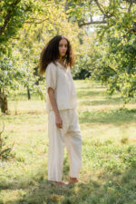 model wearing wide leg Japan pant silk cotton satin