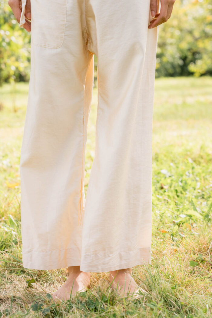 model wearing wide leg Japan pant silk cotton satin