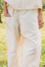 model wearing wide leg Japan pant silk cotton satin