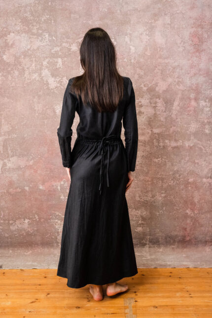 model wearing winter bias cut dress sula long bias cut dress