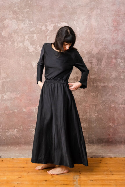model wearing winter bias cut dress sula long bias cut dress