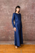model wearing winter bias cut dress sula long satin bias cut dress