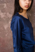 model wearing winter bias cut dress sula long satin bias cut dress