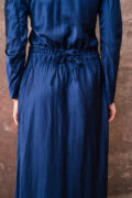 model wearing winter bias cut dress sula long satin bias cut dress