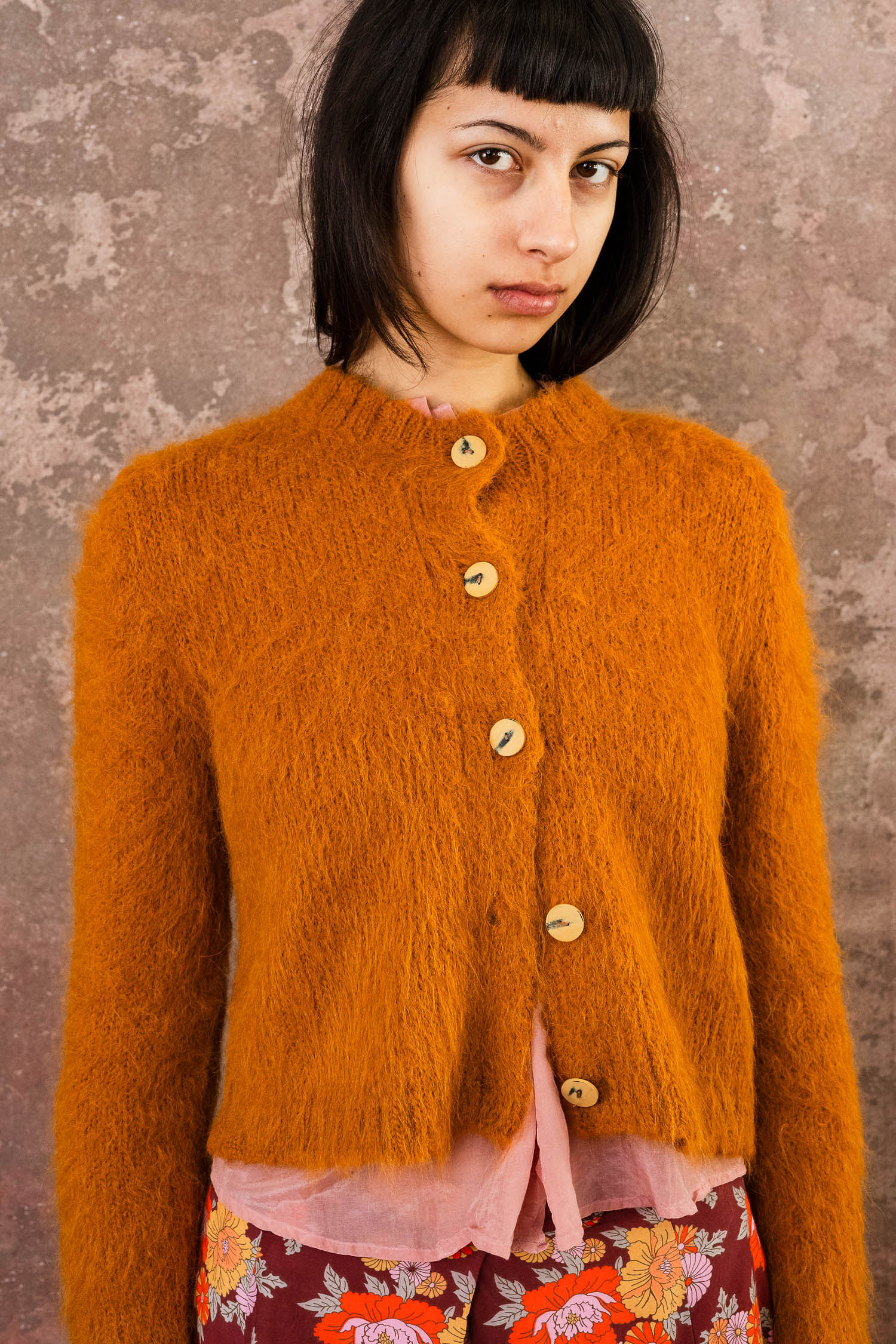 orange nickel cardi front detail fluffy alpaca nickel cardi - Image 1