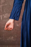model wearing winter bias cut dress sula long satin bias cut dress