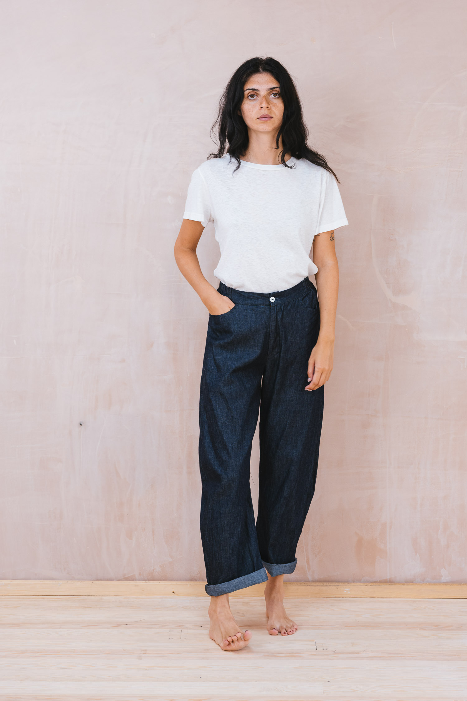 Short Sleeve Tee white Everyday Pant Denim front everyday pants denim - Image 1