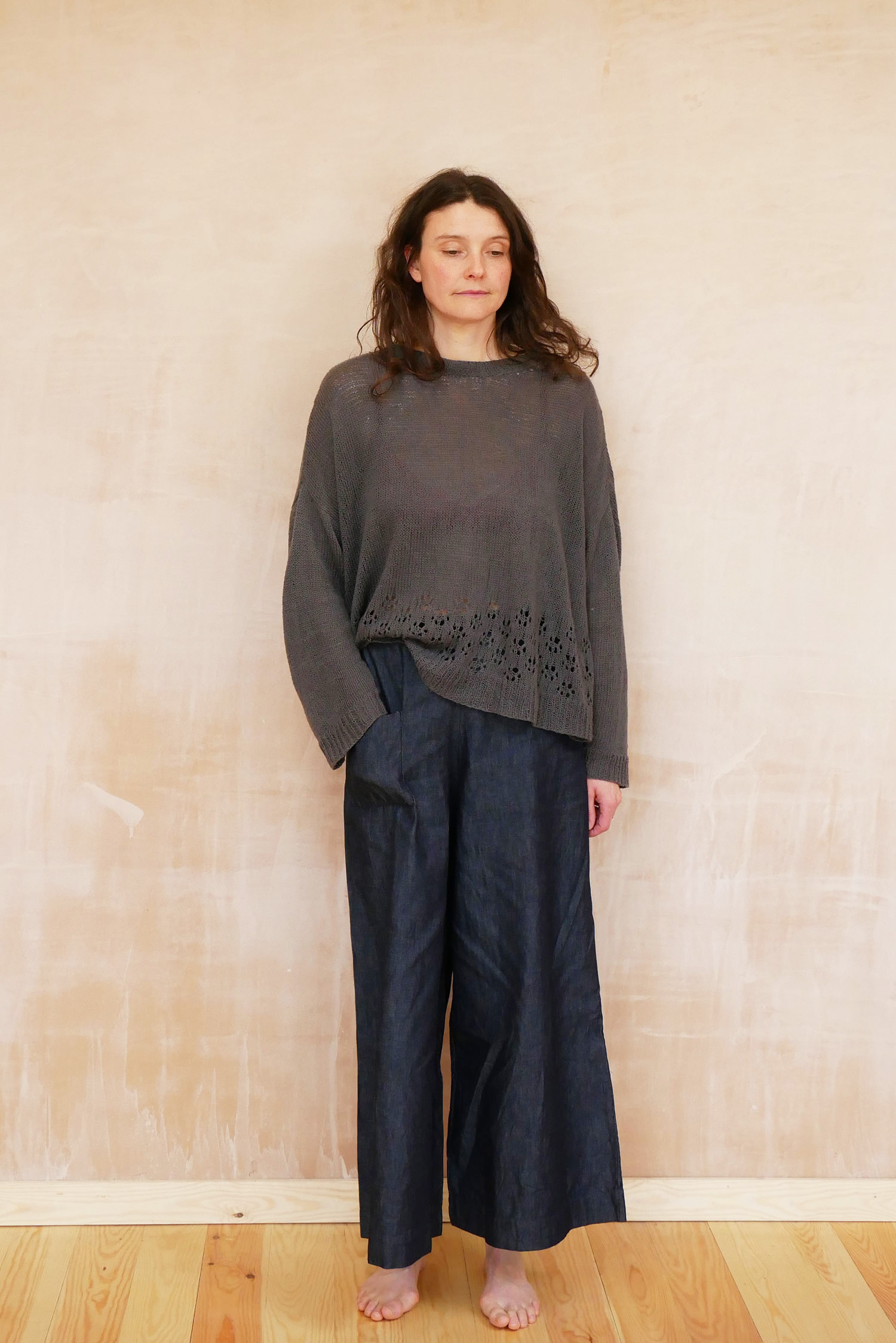 mud-pants-denim-lacey-sweater-grey-front mud pants denim - Image 1